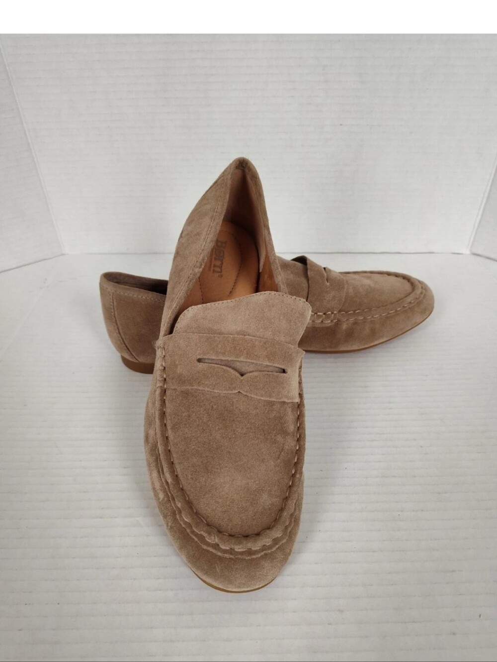 Born Suede Leather Penny Loafers Womens Size 12 Slip on Shoes Taupe Beige